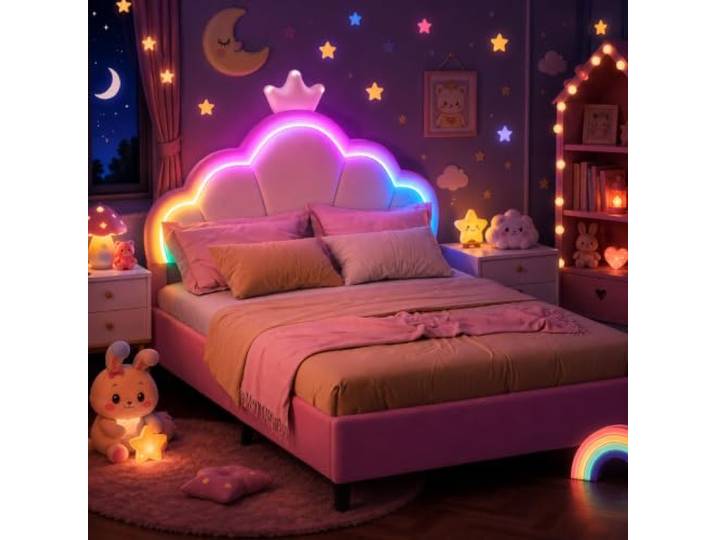 QMTXBYJ Kinderbett 140x200 mit LED-Streifen, Polsterbett 140x200 for Mädchen, Kronen-Prinzessinbett mit Verstellbares Kopfteil, Mädchen Bett, Doppelbett Bettgestell mit Lattenrost,Samt,ohne Matratze
