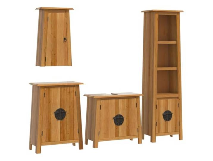 POUFGDR Badezimmermöbel-Set, 4-teilig, massives Kiefernholz Wandschrank, Metallgriffe, Toilettenartikel, Naturholz, gerade Maserung, rustikale Schleifen, Wandbefestigung
