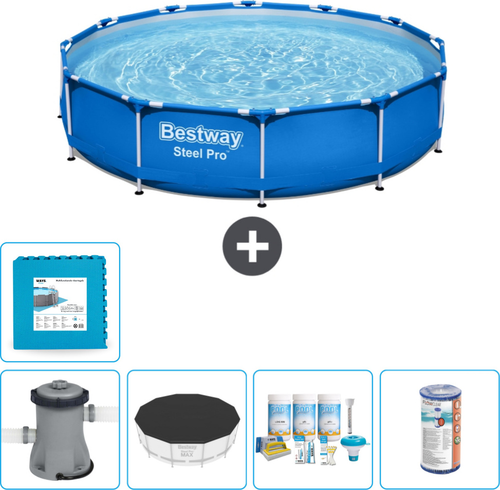 Bestway Round Steel Pro Swimmingpool - 366 x 76 cm - Blau - inklusive Pumpe Abdeckung - Wartungspaket - Filter - Bodenfliesen