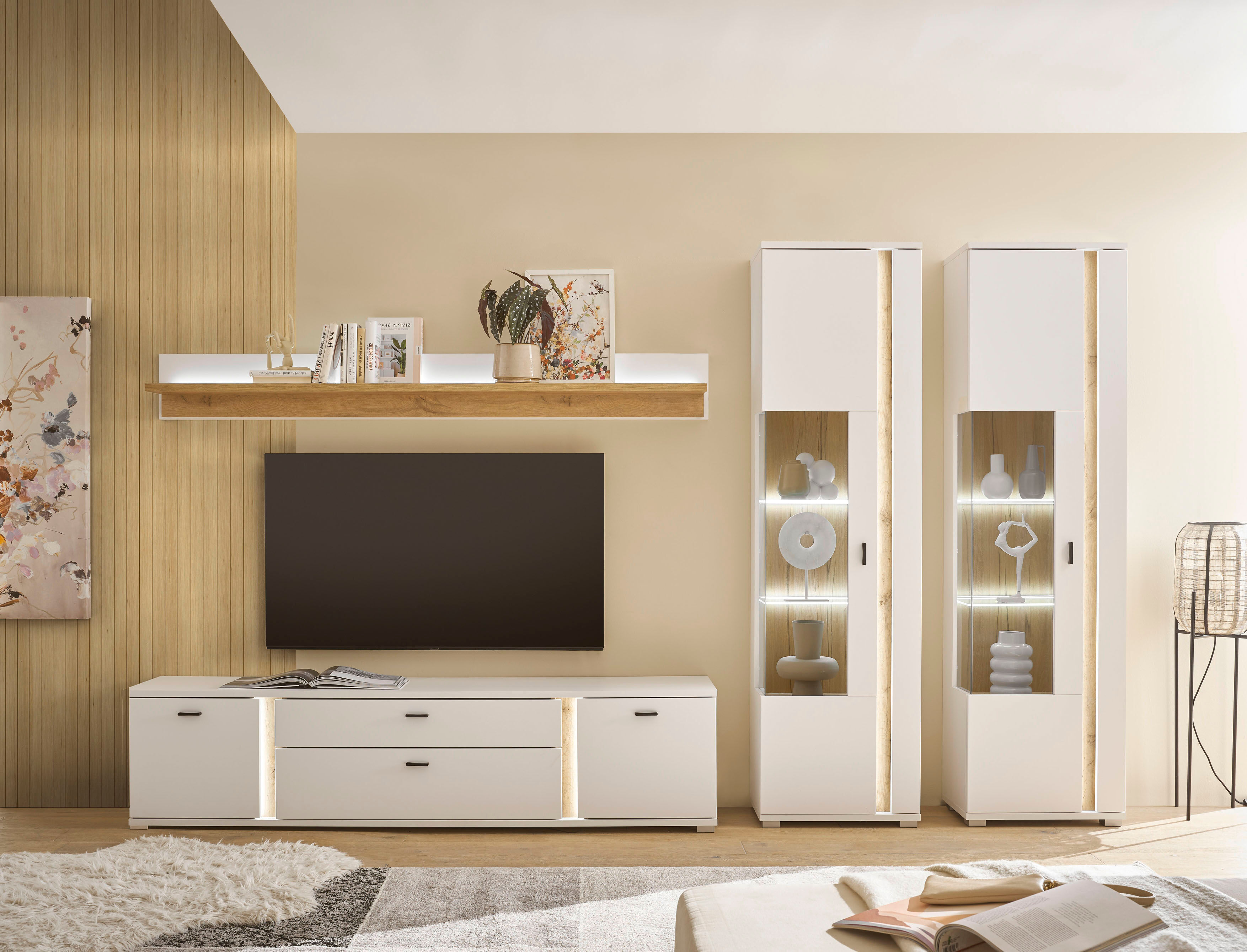 Wohnwand HOME AFFAIRE "LONG ISLAND", weiß (weiß, eiche), B:330cm H:200cm T:42cm, Holzwerkstoff, Kastenmöbel-Sets, Wohnwand, in moderner Trendfarbe,inklusive senkrechter Beleuchtung,Breite 330 cm