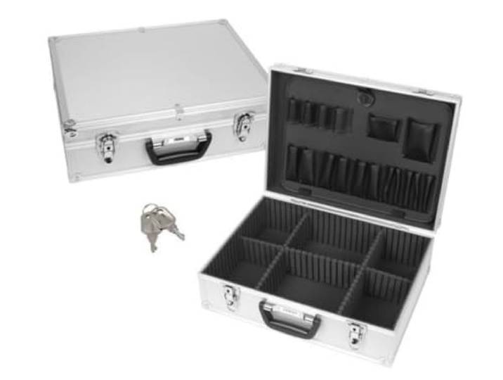 Perel Valise à outils aluminium 457 x 330 x 152 mm avec serrure à clé\, séparateurs réglables et porte-outils