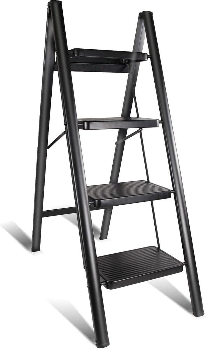 Zwarte vouwtrap met 4 treden en extra brede treden, draaglast 150 kg