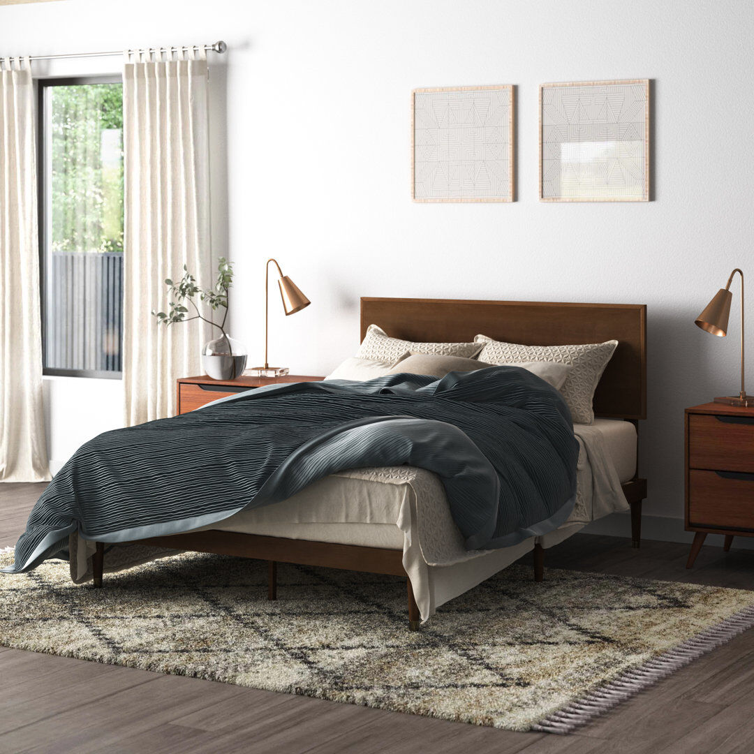 Mercury Kiesel Mid-Century Inspired Wood Platform Bed frame with Headboard Brown Double (4'6)