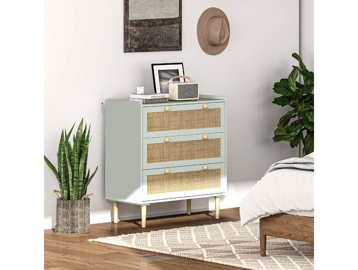 HOMCOM Commode Bohème Rotin 3 Tiroirs Vert Olive