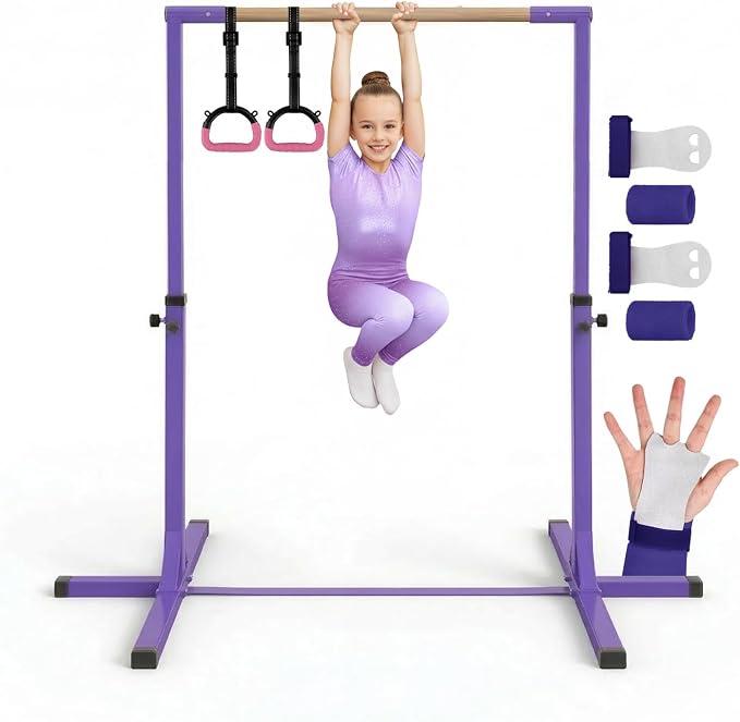 Gym Bar Turnstange Kinder Violett + Gymnastikringe Rosa | 13 Stufen Höhenverstellbar 90-150 cm | Stahl und Buchenholz | Verstellbare rutschfeste Gurte | Fitness Suspension Innen Außen | Aerobik
