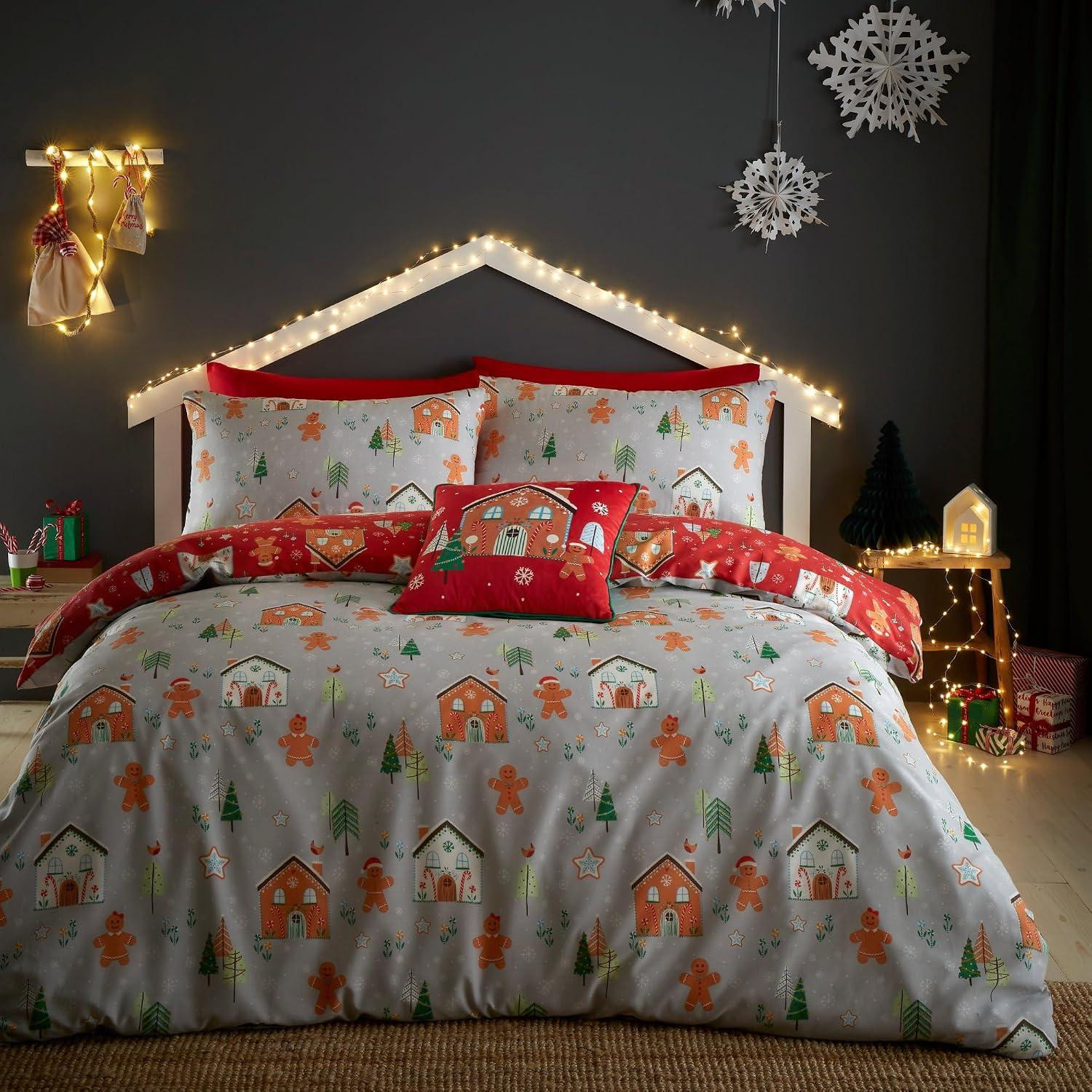 Trankielo Kerst Peperkoek Huis Dekbedovertrek met 2 Kussenslopen - 200x200 cm - Omkeerbaar Feestelijk Beddengoed