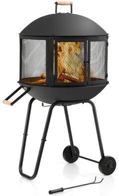 Costway 28 Inch Portable Fire Pit on Wheels with Log Grate-Black