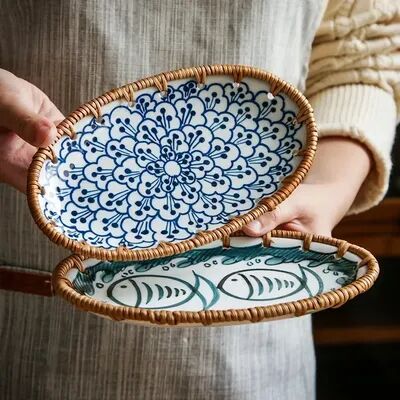 ModernMart Japanese Rattan Woven Ceramic Snack Plate For Fruit, Candy & Dessert Serving 7