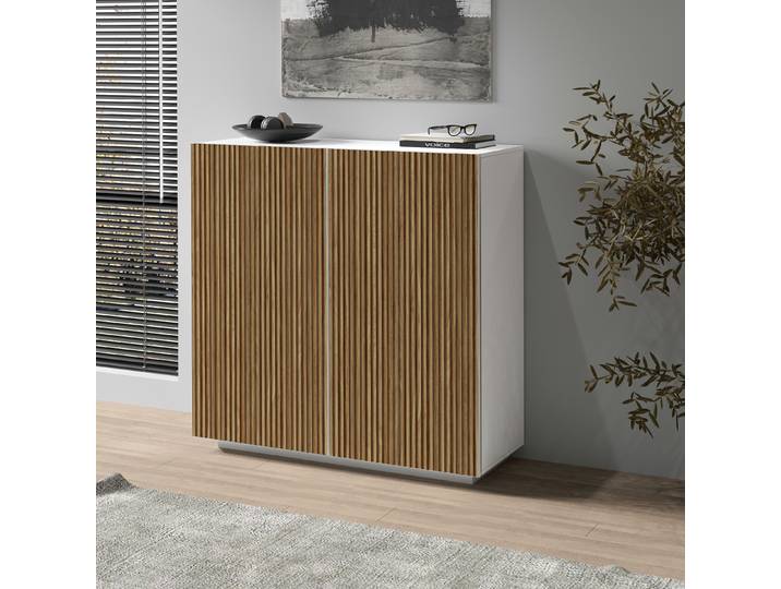 Highboard, Spanplatte, Weiß Matt, 120×126×43 cm, 2 Türen, Rillen-Optik, Modern, Inosign
