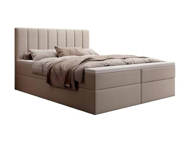 mybed. Allen Boxspringbett Modernes Polsterbett mit Kopfteil und Bettkasten 180x200 Bonnell-Matratze H3 und Topper Beige Matt Velvet 08 Schlafzimmer Komfort