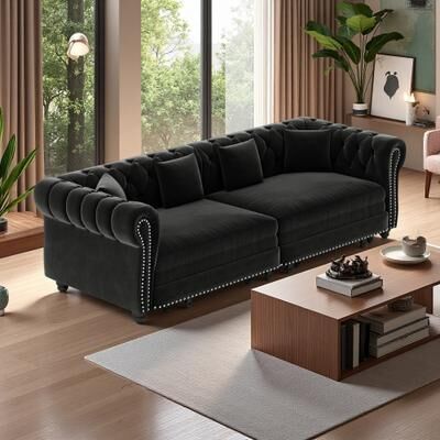 "89"" Velvet 3-in-1 Chesterfield Pull-Out Sleeper Sofa with Chaise Lounge and Movable Ottoman"