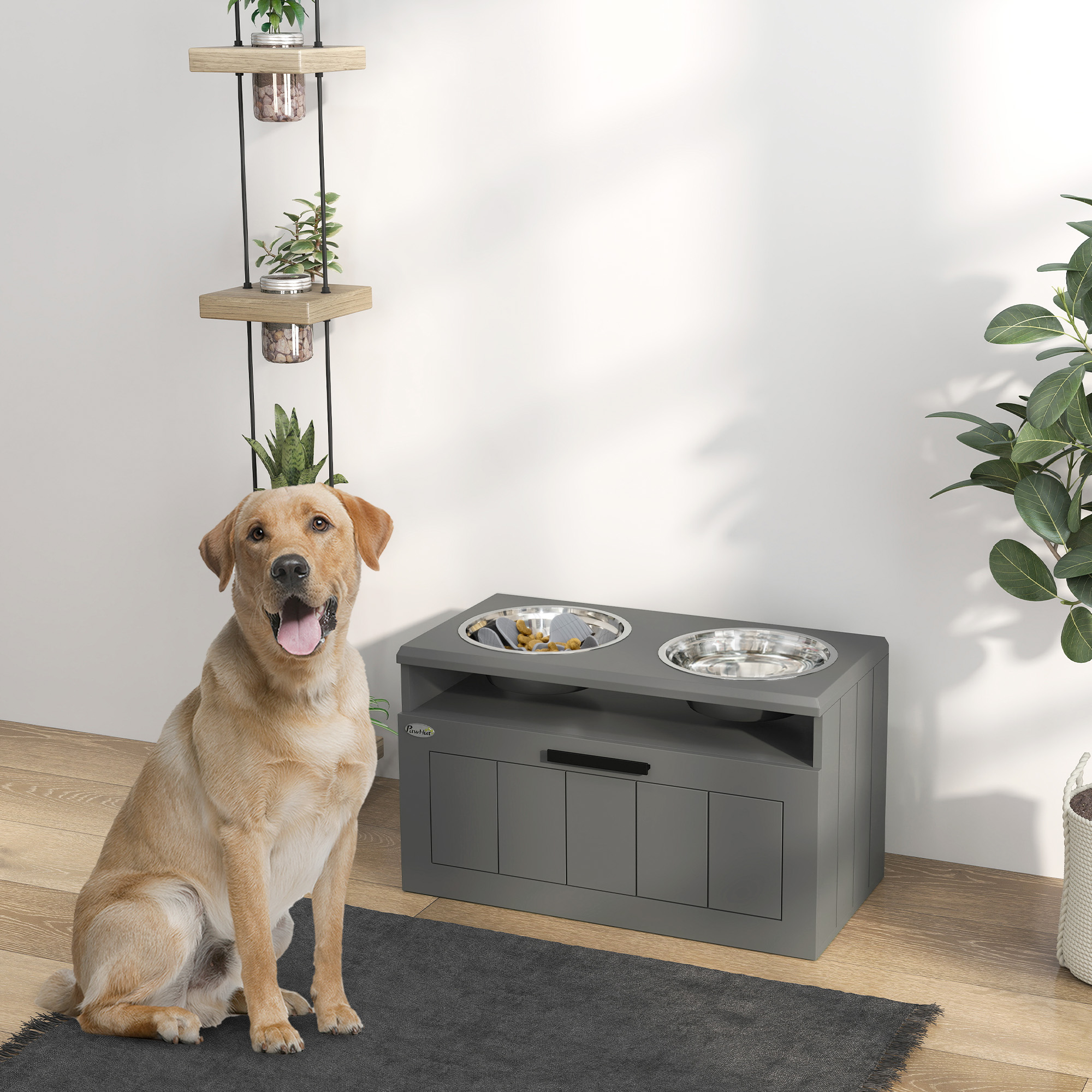 Pawhut Stazione alimentazione per cani grandi, con 2 ciotole in acciaio inox, cassetto, distributore di cibo per animali, MDF, acciaio, grigio   Aosom Italy