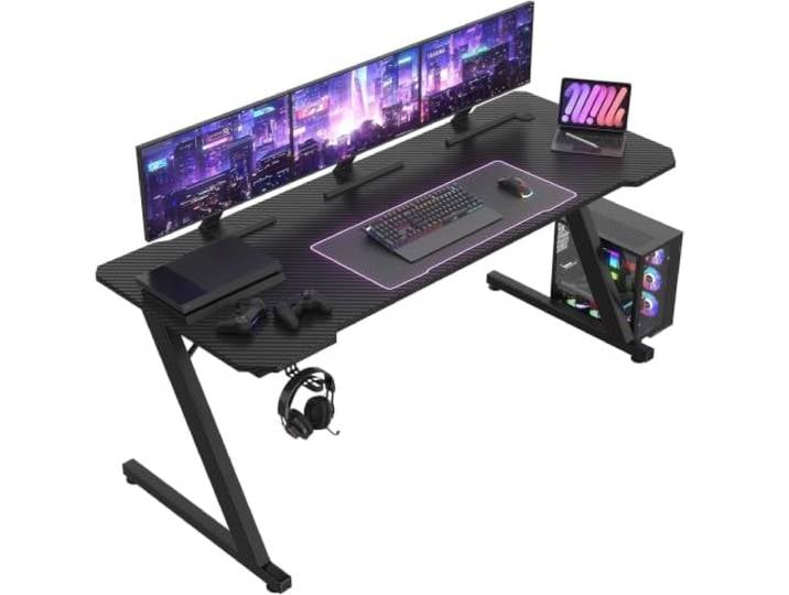 JUMMICO Gaming-Tisch mit Kopfhörer-Haken 160 x 60 cm 2 Kabeldurchlässe, Z-förmige Tischbeine, Tischplatte in Karbonfaser-Optik, ideal für Gamer