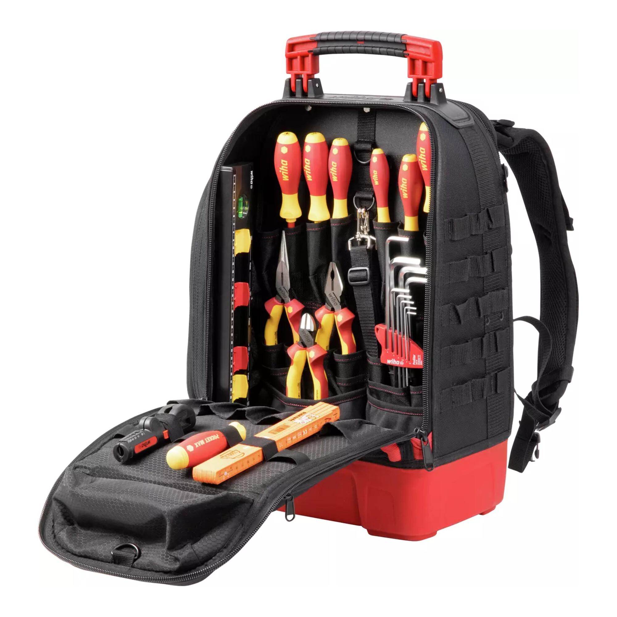 Wiha Elektriker Werkzeugrucksack 27-tlg. I mit Elektriker Grundausstattung I stabiler Standboden I mit Laptopfach I Taschen für Zubehör (45528))