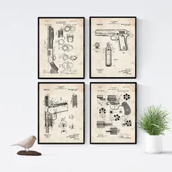 POSTER Set mit 4 Jahrgang Waffen Patent A4 Schwarzer Rahmen