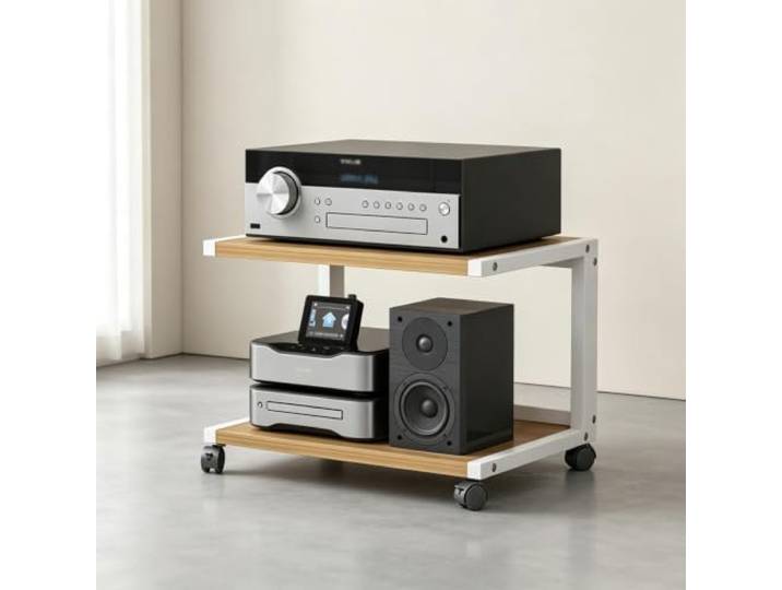 YHTCSXMD HiFi Rack mit Rollen, Offenes Audio Rack für Audiogeräte Dicke Holzablagen, Stahlrahmen und Rollen mit Fußbremse, für Wohnzimmer und Büro