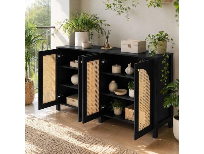 Buffet bas - ZEVKOR - 4 portes - Portes effet rotin - Noir - 145×80×40 cm