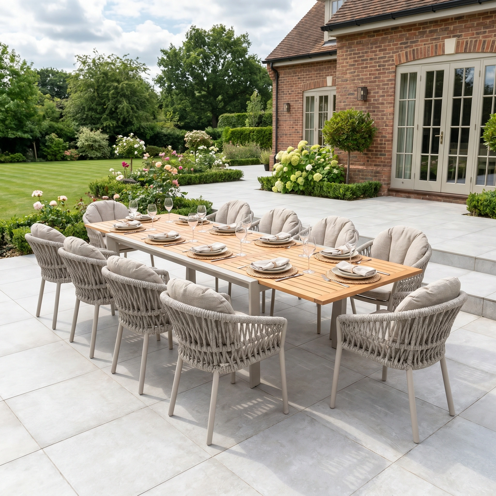 Harbour Lifestyle Pello 10 Seat Extending Dining Set with Teak Table in Fawn