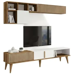 Dmora Wohnzimmermöbel Dmalavas, Modulares Wohnzimmerset, Mehrzweck-Wohnzimmermöbel, Moderner TV-Schrank, 180x35h40 cm, Walnuss und Weiß