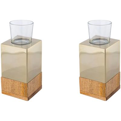 Teelichthalter CREATIV HOME "Kerzenhalter Tower", beige (champagnerfarben), B:8cm H:18cm T:8cm, Edelstahl, Glas, Massivholz, Kerzenhalter, Teelichthalter, aus Holz, Edelstahl und Glas