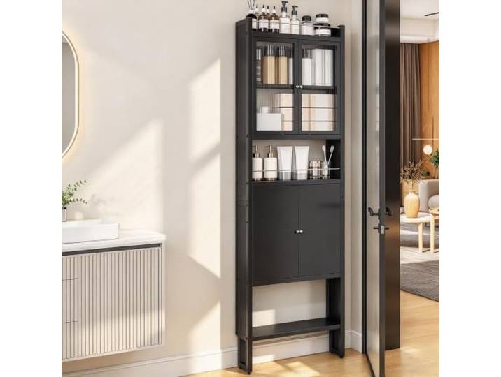 Schmales Regal hinter der Tür, Stabiler Metall Schrank für Küche Bad Robuster Karbonstahl, Höhenverstellbar, Platzsparendes Design, Kratzfeste Lackierung(BLACK-A)