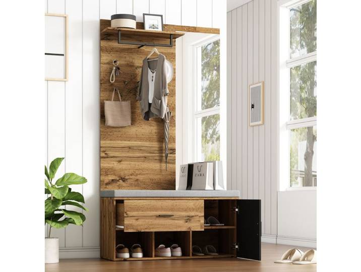 Meuble rangement vestiaire d'entrée aspect bois avec miroir banc rembourré tiroir crochets 104 x 39 x 190 cm JOINERY