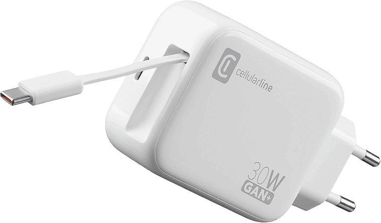 Cargador móvil - CellularLine Roll GaN+, 30 W, Cable retráctil, USB C, Universal, Blanco