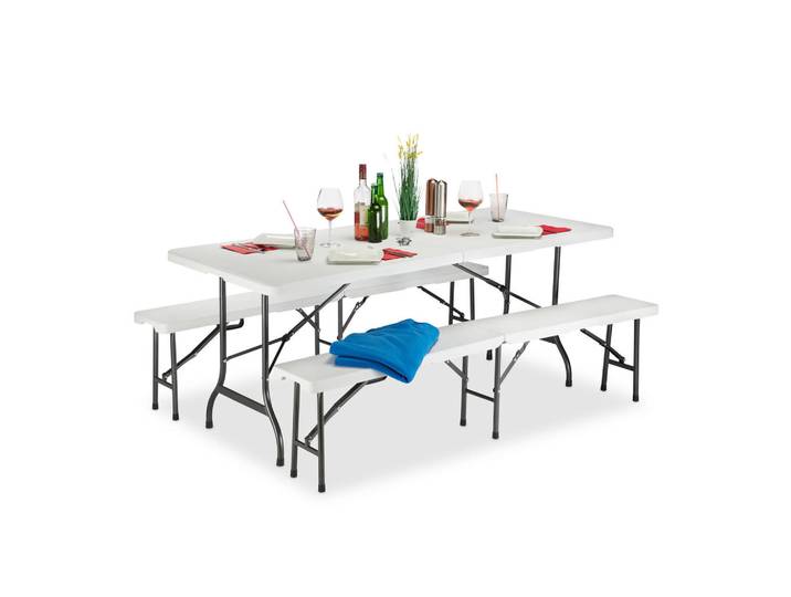 Relaxdays Bierzeltgarnitur Weiß 3-tlg. klappbar, Kunststoff, Metall, Gartenmöbel, Gartengarnituren, Gartenmöbel-Set