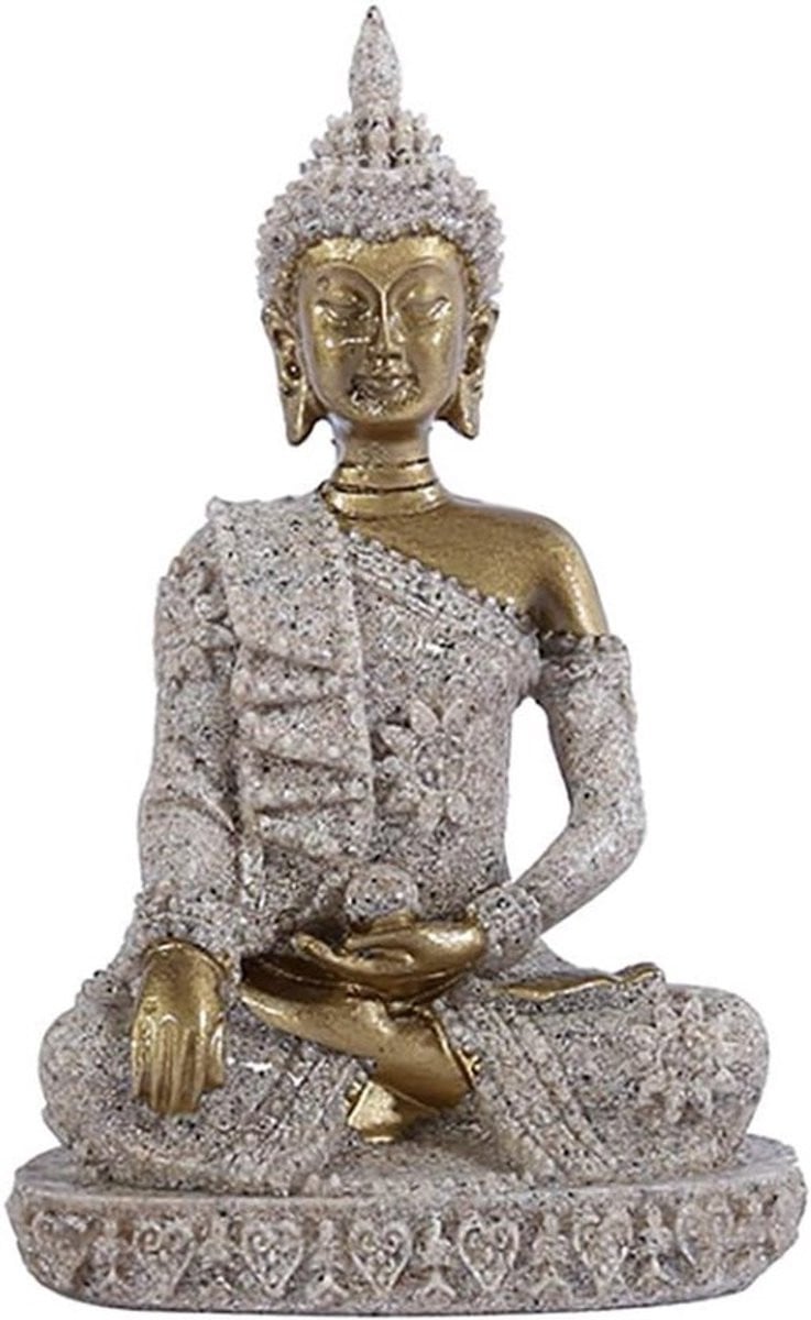Handgesneden Zandsteen Meditatie Boeddha Standbeeld - Goud