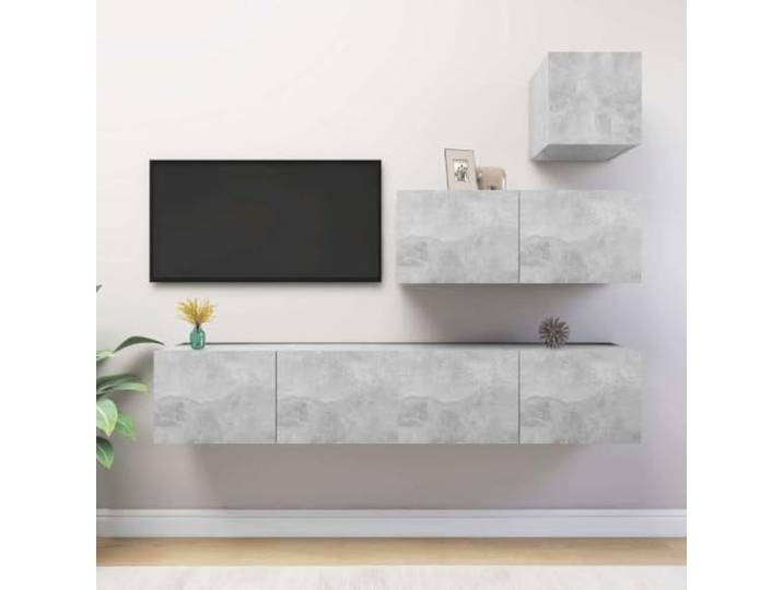HEFZGDB 4-TLG. TV-Schrank-Set Betongrau Holzwerkstoff Wandmontage Moderner Stauraum Dieses Moderne TV-Schrank-Set aus robustem Holzwerkstoff in Betongrau bietet großzügigen Stauraum
