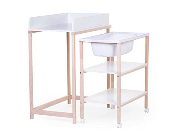 Chilldhomme, Wickeltisch mit Badewanne, Räder erleichtern das Verschieben, Wechseleinheit, robust, optimale Sicherheit, ultra-praktisch, kompakt, natürliches Buchenholz