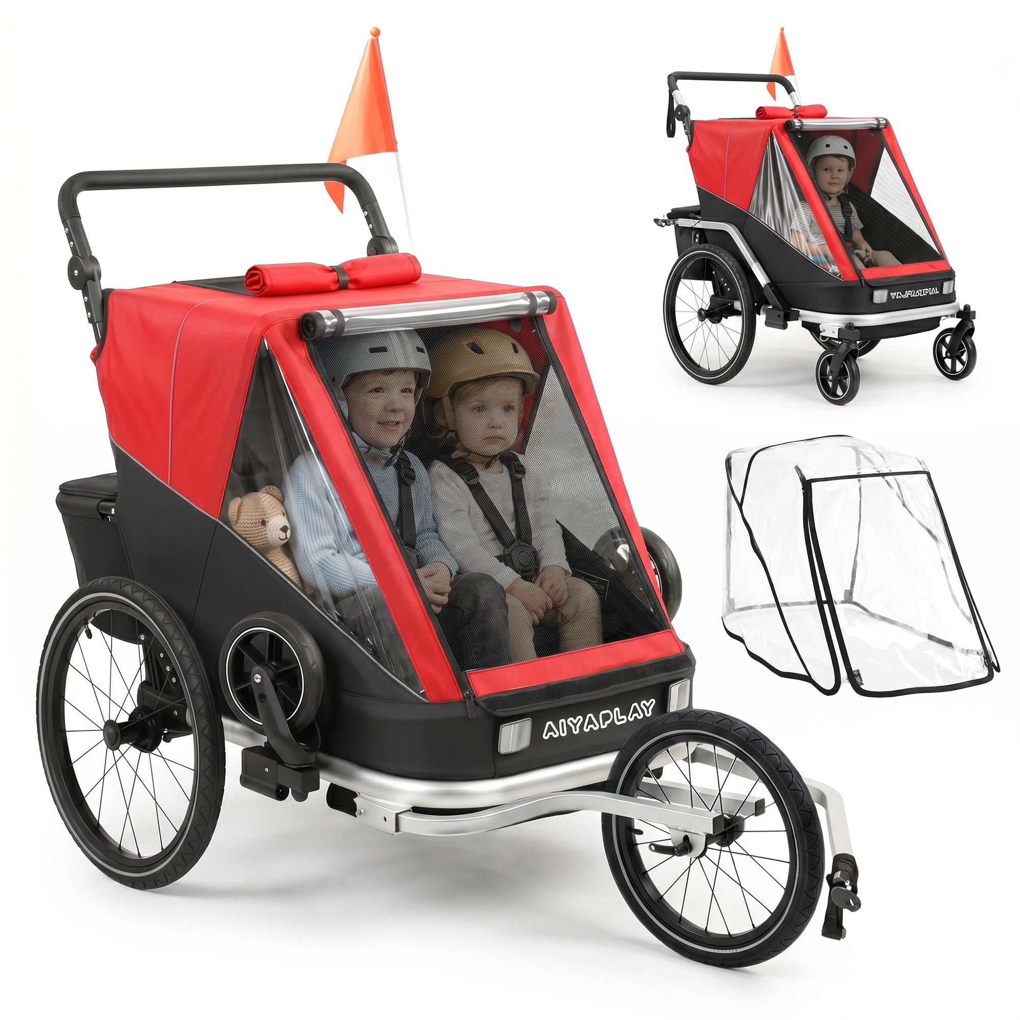 Fahrradanhänger für Kinder, 2-Sitzer, 2-in-1 faltbarer Kinderfahrradanhänger mit verstellbarem Sitz und Gurten, Rot
