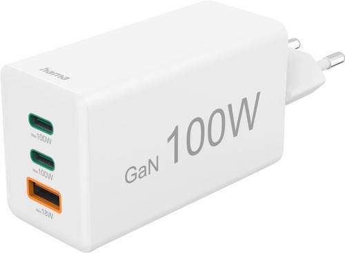 Hama Schnellladegerät, GaN, 2x USB-C, 1x USB-A, Mini-Ladegerät, PD, 100 W, Weiß USB Ladegerät 100W Weiß