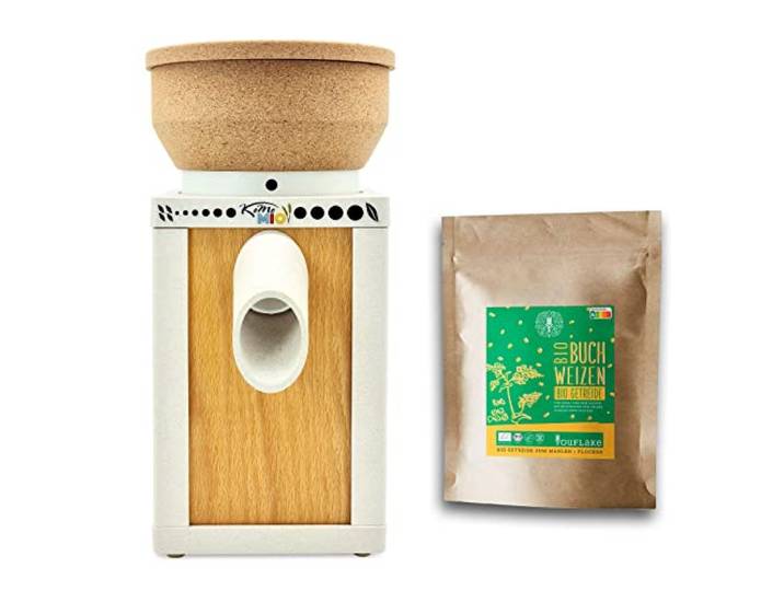 KoMo KoMoMio weiß mit Kork-Trichter + 2,5 kg Bio Buchweizen Made in Austria Edelkorund und Keramik Mahlstein frisches Mehl