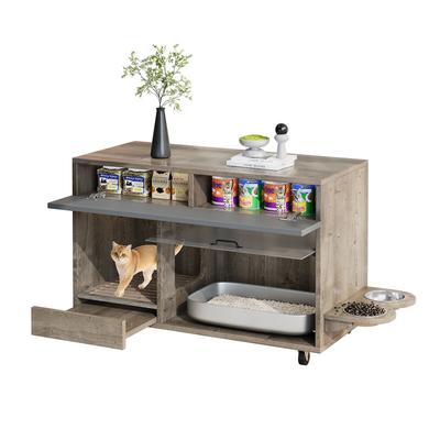 Merax Mobiler Katzentoiletten-Schrank auf Rollen, Kommode mit Stauraum, Sandauffangschale & Futternäpfen, 100x45.5x68cm, grau-braune Farbe