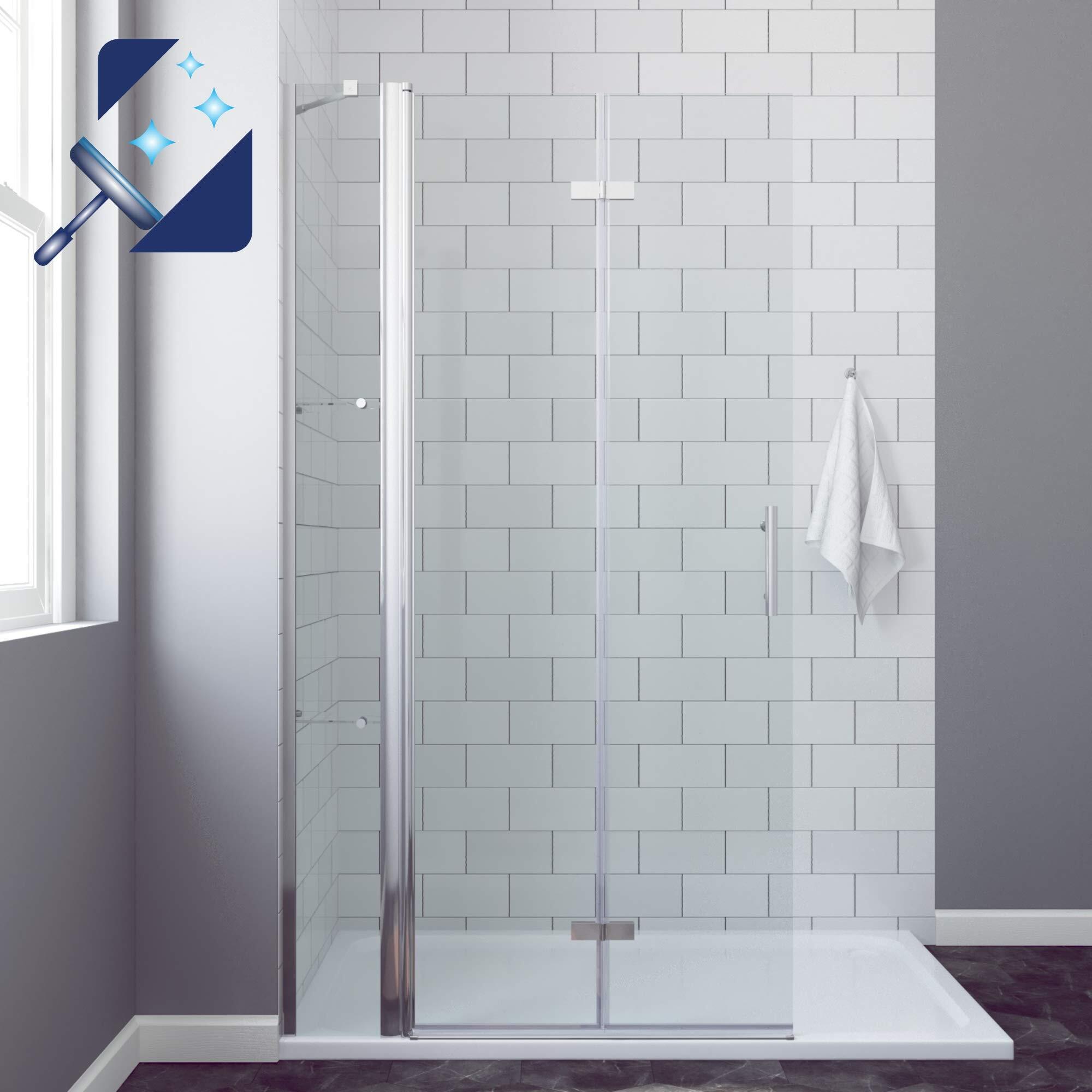 Duschabtrennung mit Falttür und Festteil 135 x 195 cm, 6 mm ESG-Sicherheitsglas für Duschkabine, Duschwand mit Lotus-Effekt Nano-Beschichtung