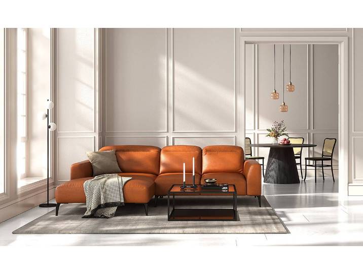 Ecksofa mit Longchair Braun/Kastanienbraun Echtleder Danbi 265cm Longchair davorstehend links Modern