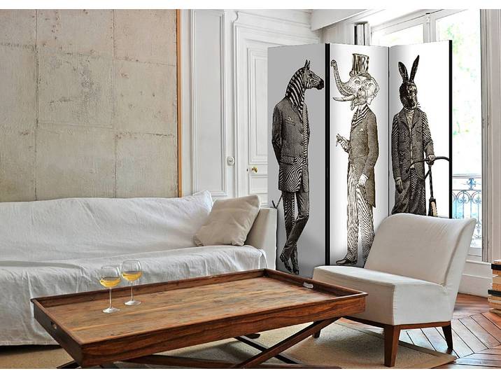 Paravent Elegant Zoo acoustique Intissé sur bois massif Blanc/Noir 135 x 172cm