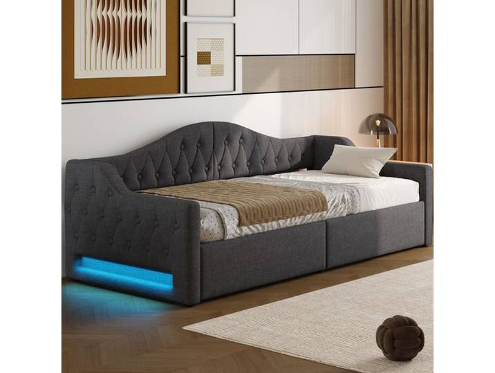 ULEVR Lit de repos rembourré 90 x 200 cm avec rangement LED intégrée gris