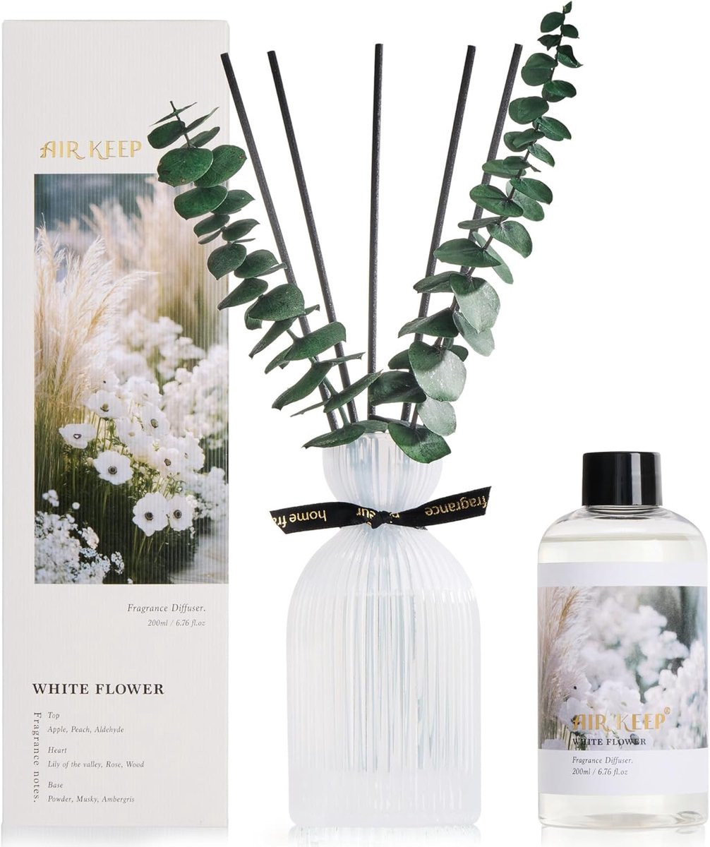 SnelShoppen Geurdiffuser White Flower met geurstokjes en decoratieve glazen fles, 200 ml
