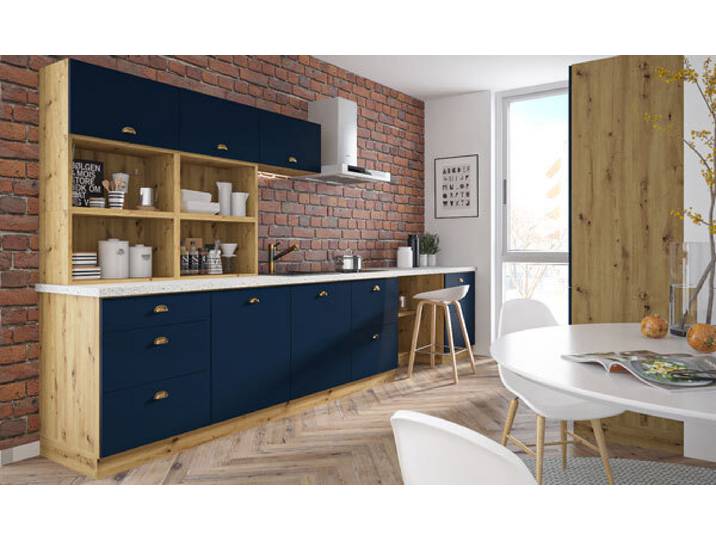 Küchenzeile \ Bonn AV\ Wohnküche Küchenblock 300cm Teilauszug eiche artisan Front marineblau matt
