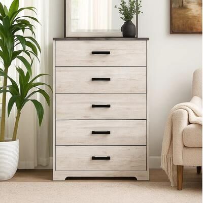 Benjara Wisp 46 Inch Tall Dresser Chest, 5 Drawers, Rustic Smooth White Finish