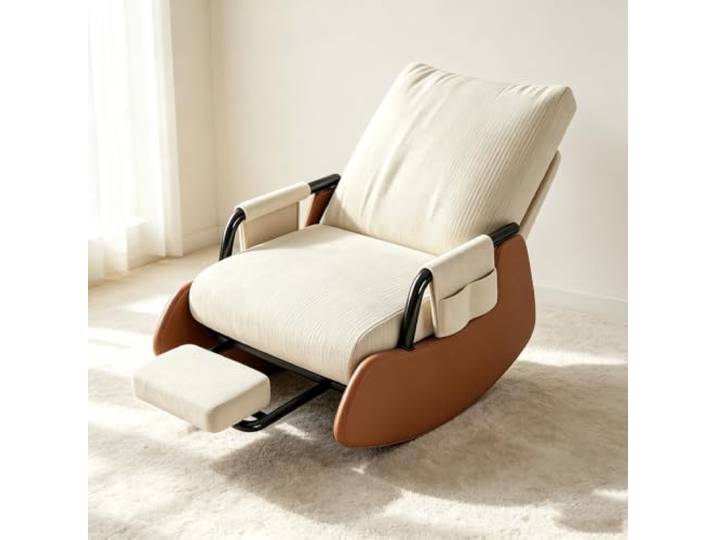 LCNDKF Relaxsessel mit Hocker mit Ausziehbarer Beinablage Ergonomischer Schaukelstuhl mit ausziehbarer Fußstütze und Seitentasche für tägliche Entspannung.