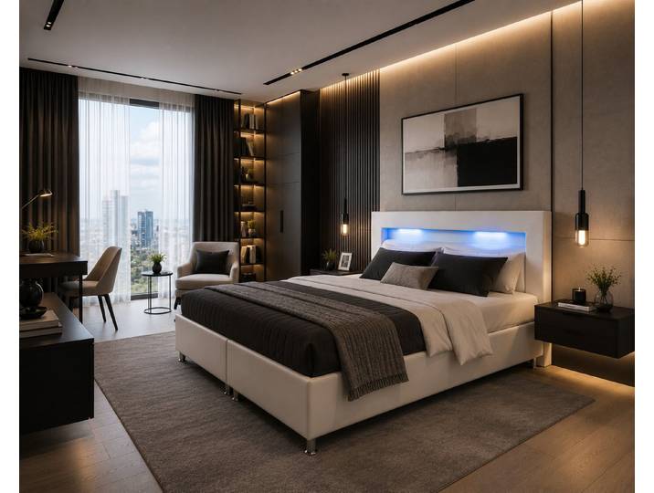 inter Boxspringbett Monaco Kunstleder mit 7 Zonen Taschenfederkernmatratzen und Topper (180x200 cm, Weiß mit 7 Zonen Taschenfederkernmatratzen und Topper), Taschenfederkern-Komfort, Kopfteil mit LED, inklusive Matratzen