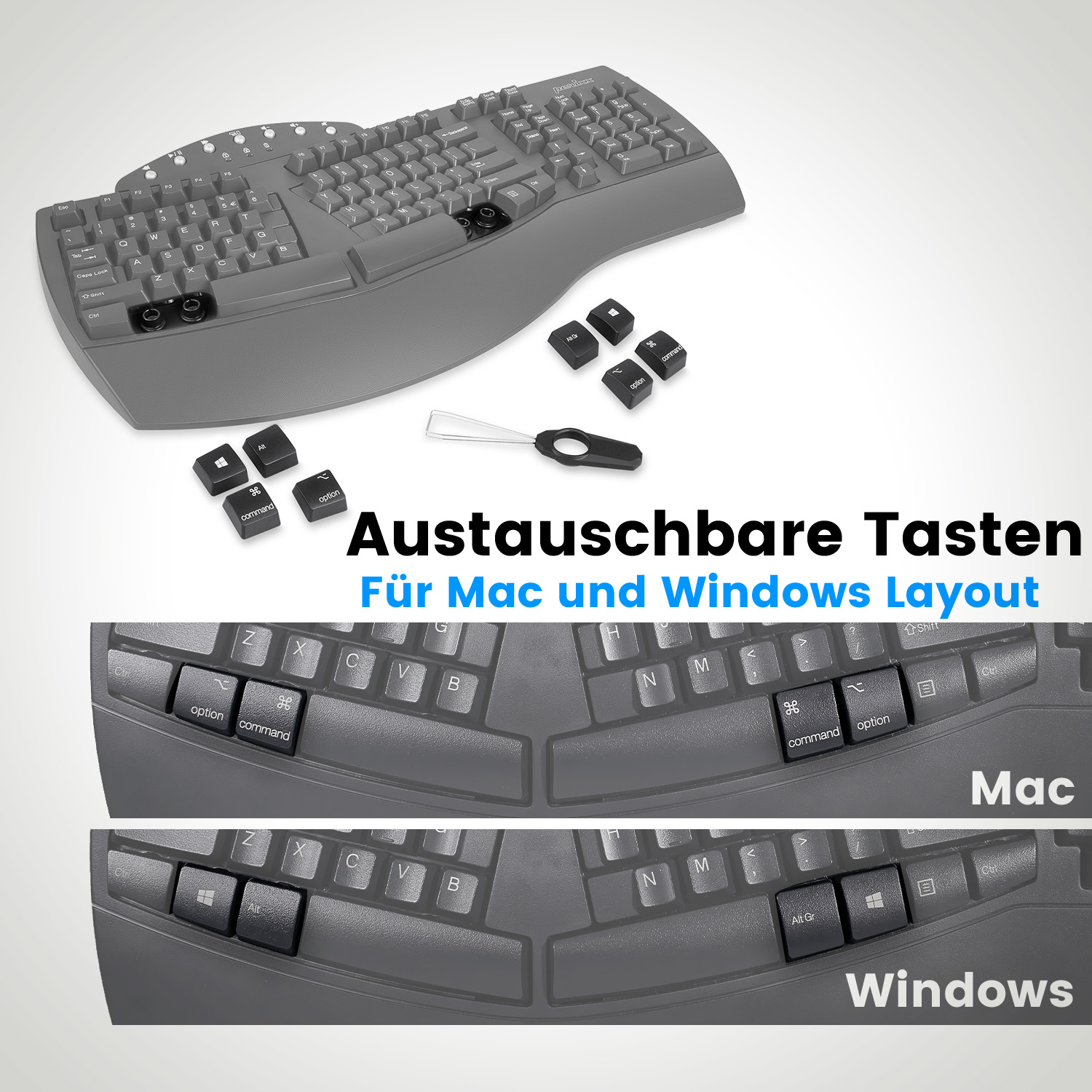 Perixx PERIBOARD-612BDE Bluetooth Tastatur Deutsch QWERTZ Schwarz Ergonomisch Handballenauflage Multimedia-Tasten Deutschland (11353)