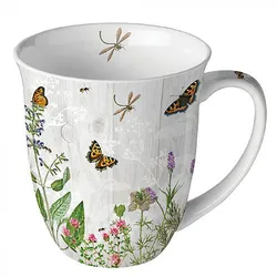 Ambiente Tasse 10cm Porzellan mit Blumen Gräser Insekten Motiv - 0,4L Keramiktasse Porzellangeschirr Kaffeetasse Teetasse Kakaotasse Frühling Sommer Grau Grün