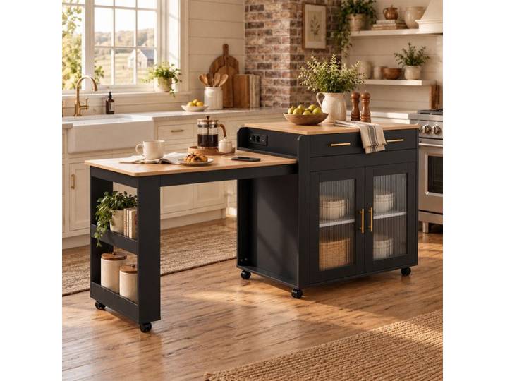 ilot Central Cuisine avec Prise et Ports USB Table de Bar Extensible avec Espace de Rangement Noir