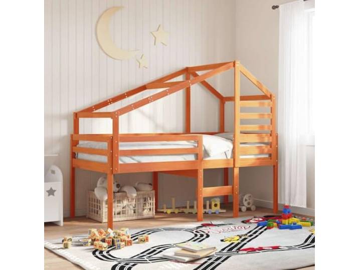 RJPLMFV Hochbett, massives Kiefernholz, 90 x 200 cm, ohne Matratze Integrierte Leiter, sicheres Geländer, Dach mit Seitentür, ideal für kleine Zimmer
