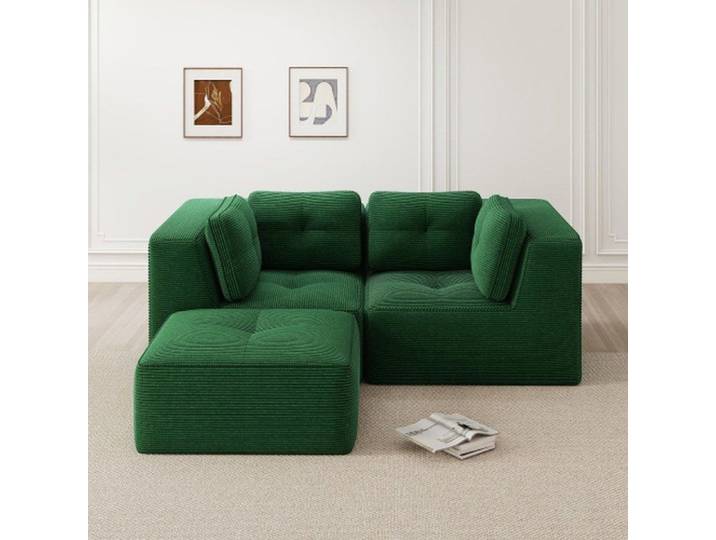 Canapé modulable l vert 2 places repose-pieds mobile velours côtelé sans armature