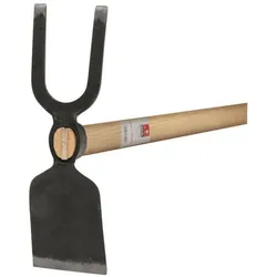 Idealspaten, Gartenhandwerkzeug, Gartenhacke mit Breitblatt 2 stumpfe Zinken geschmiedet ovales Auge Eschenstiel 135 cm